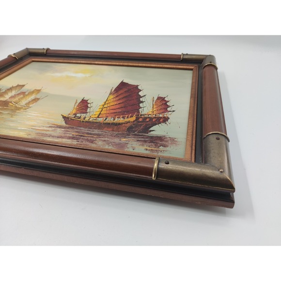 VTG Framed Chinese Junk Ships 20x16 C. Chan Oil Painting- Creative Galleries - Picture 3 of 16